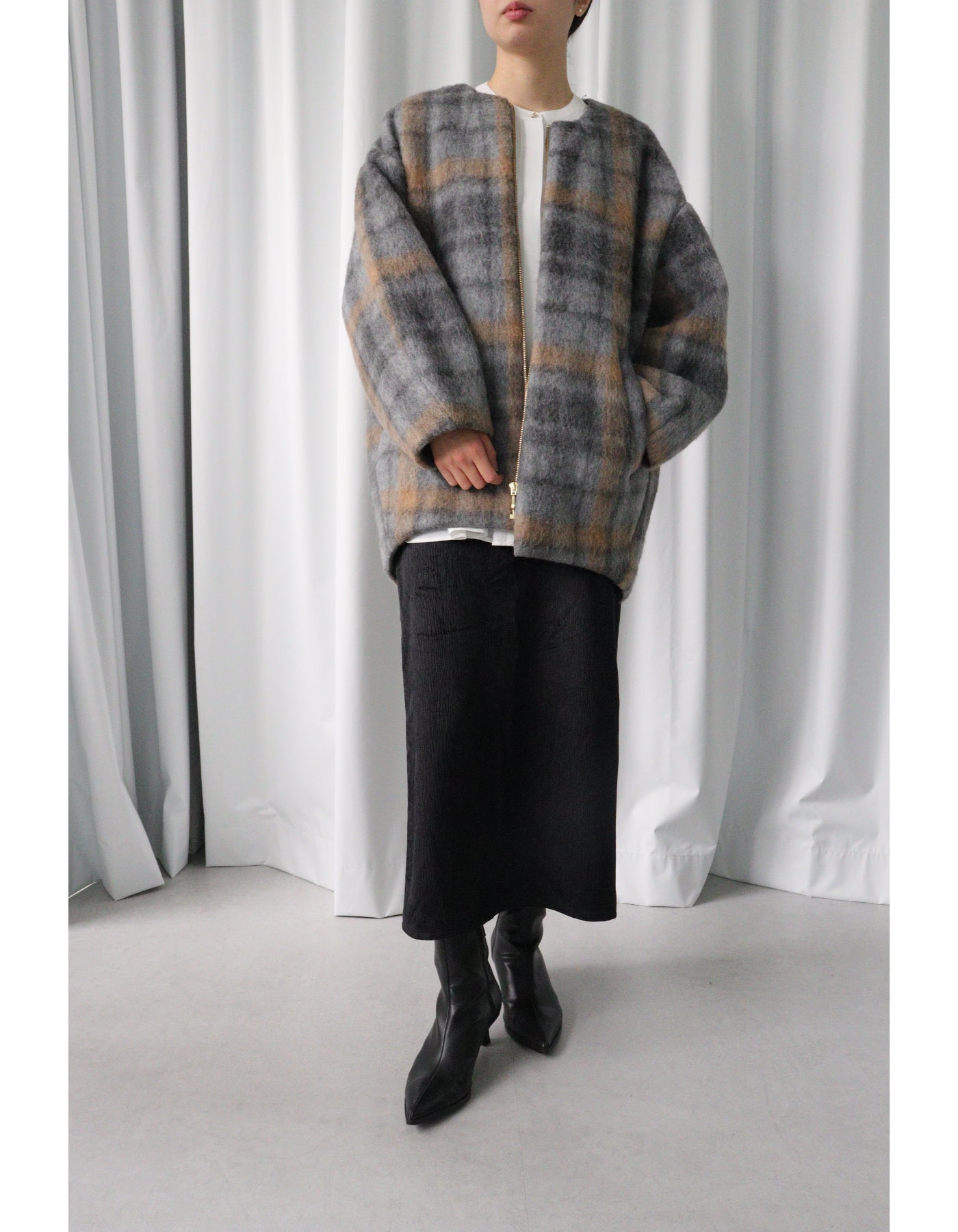 【ACUTA アクータ】チェックシャギーコクーンコート