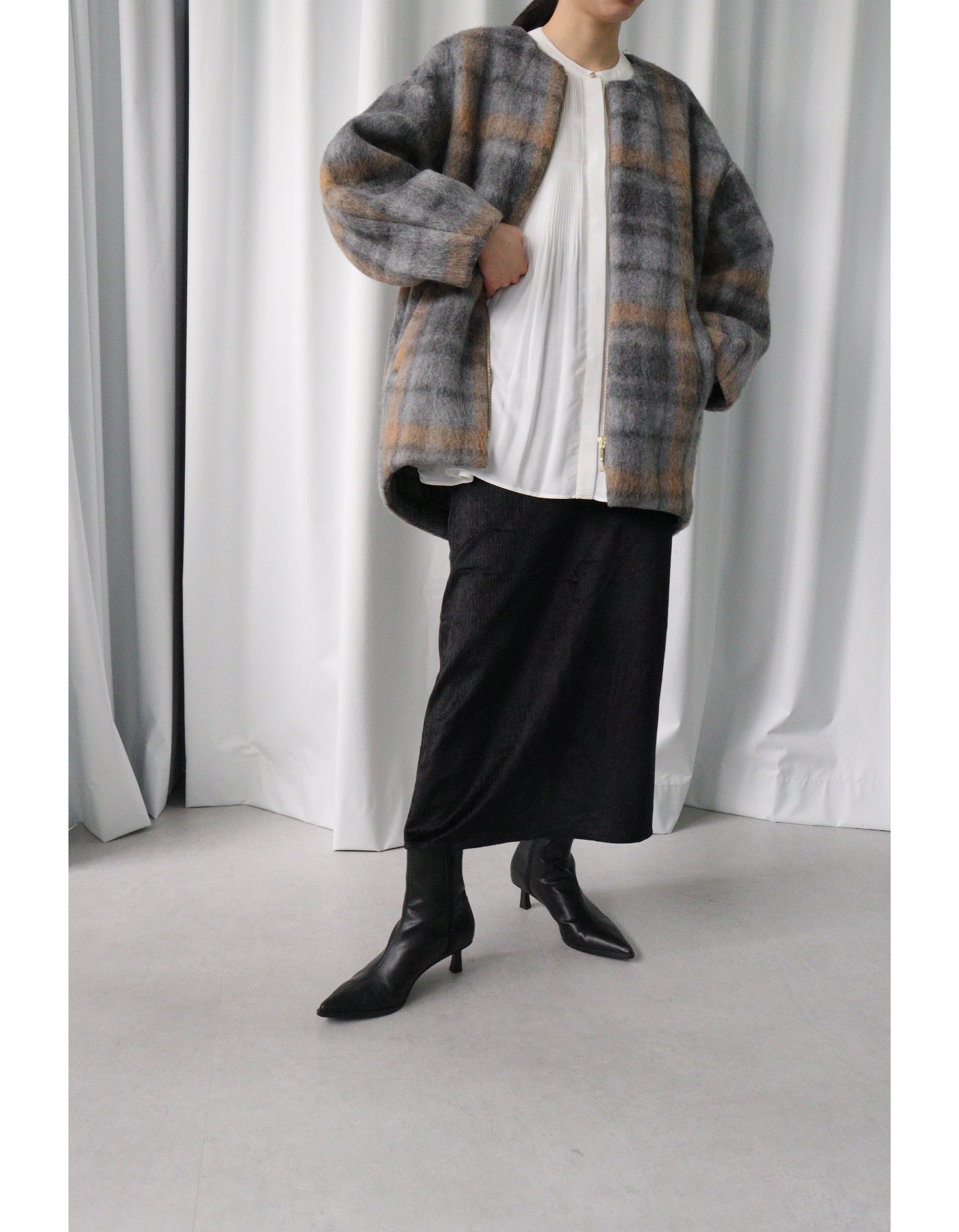 【ACUTA アクータ】チェックシャギーコクーンコート