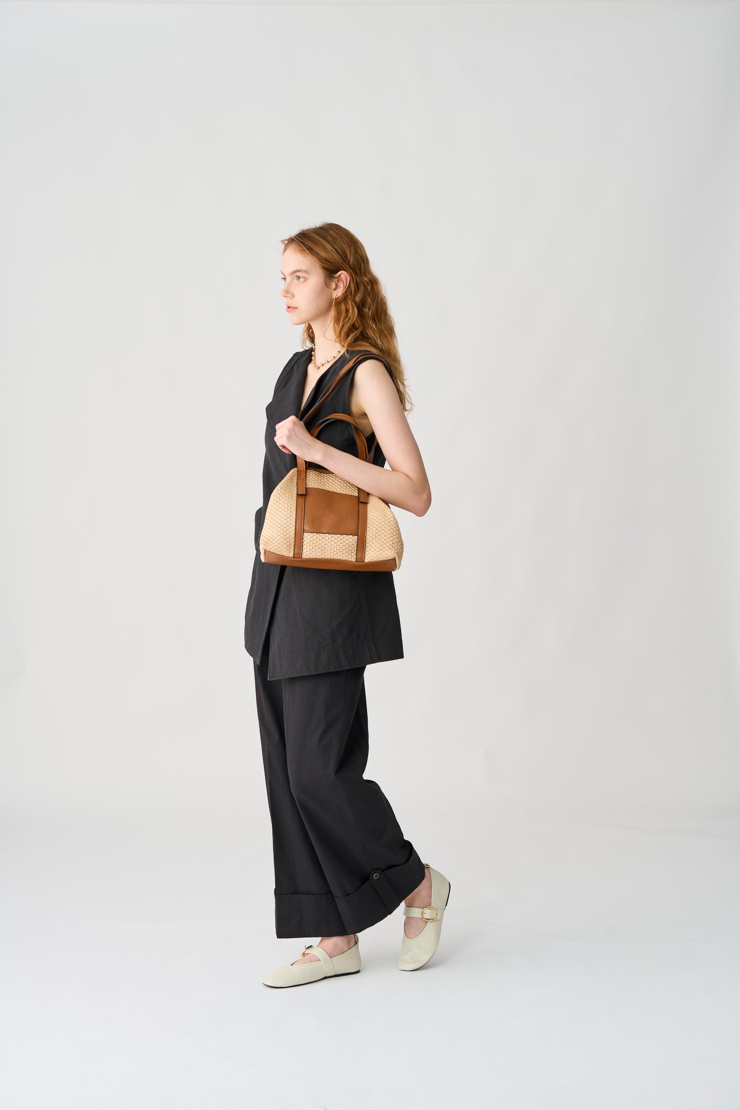 【MILLELA  FIRENZE】レザー×ラフィア2WAYミディトートバッグ