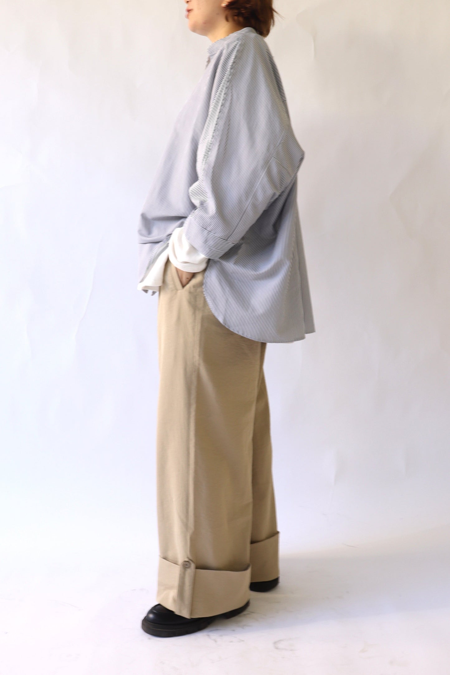 【ACUTA】 細ストライプドルマンポンチョシャツ