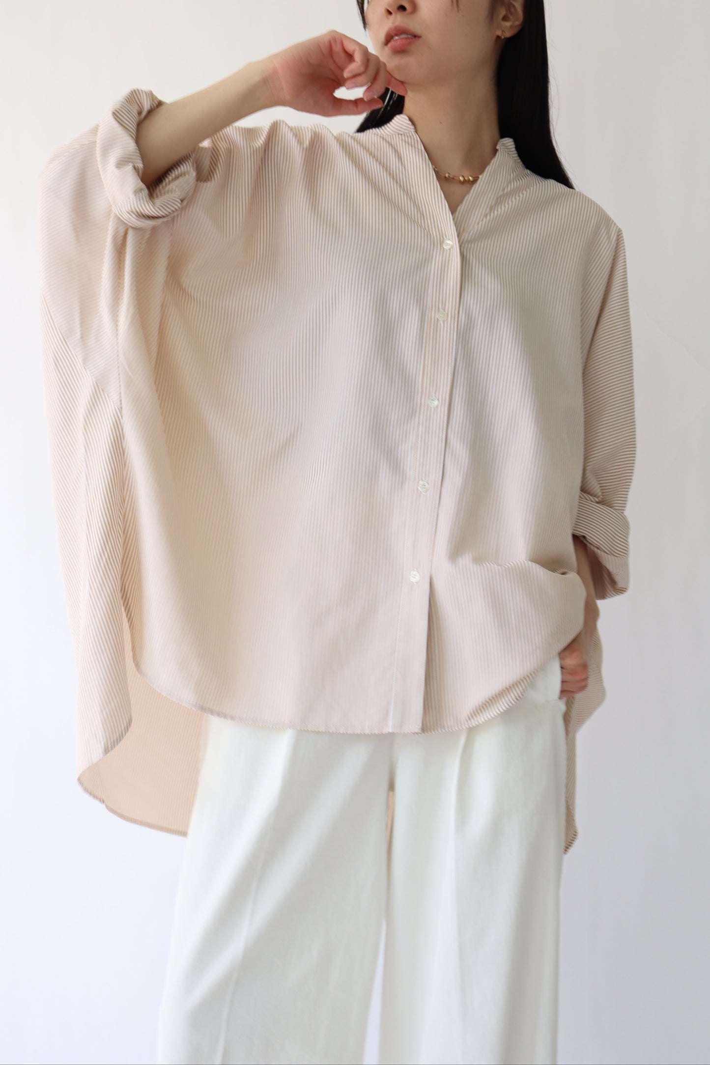 【ACUTA】 細ストライプドルマンポンチョシャツ