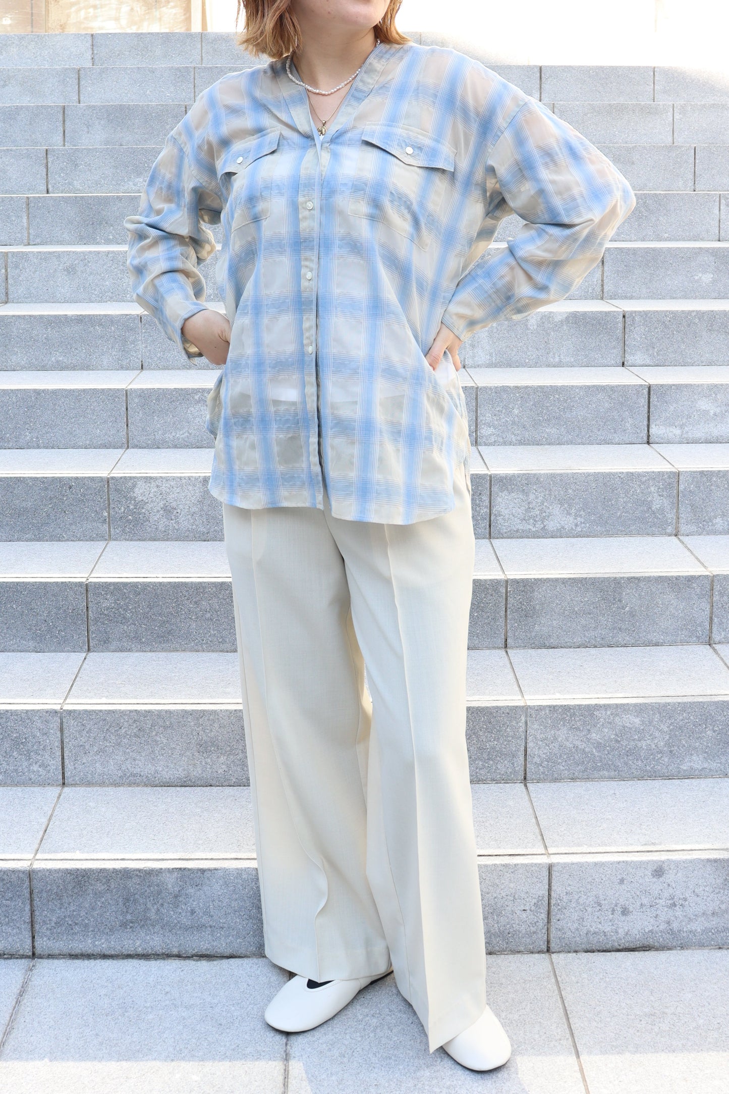 【ACUTA】 【PRE ORDER】シアーチェックカラーレスシャツ