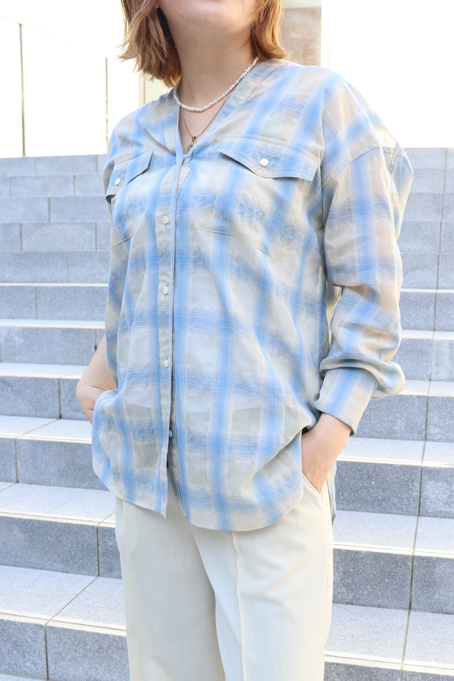 【ACUTA】 【PRE ORDER】シアーチェックカラーレスシャツ